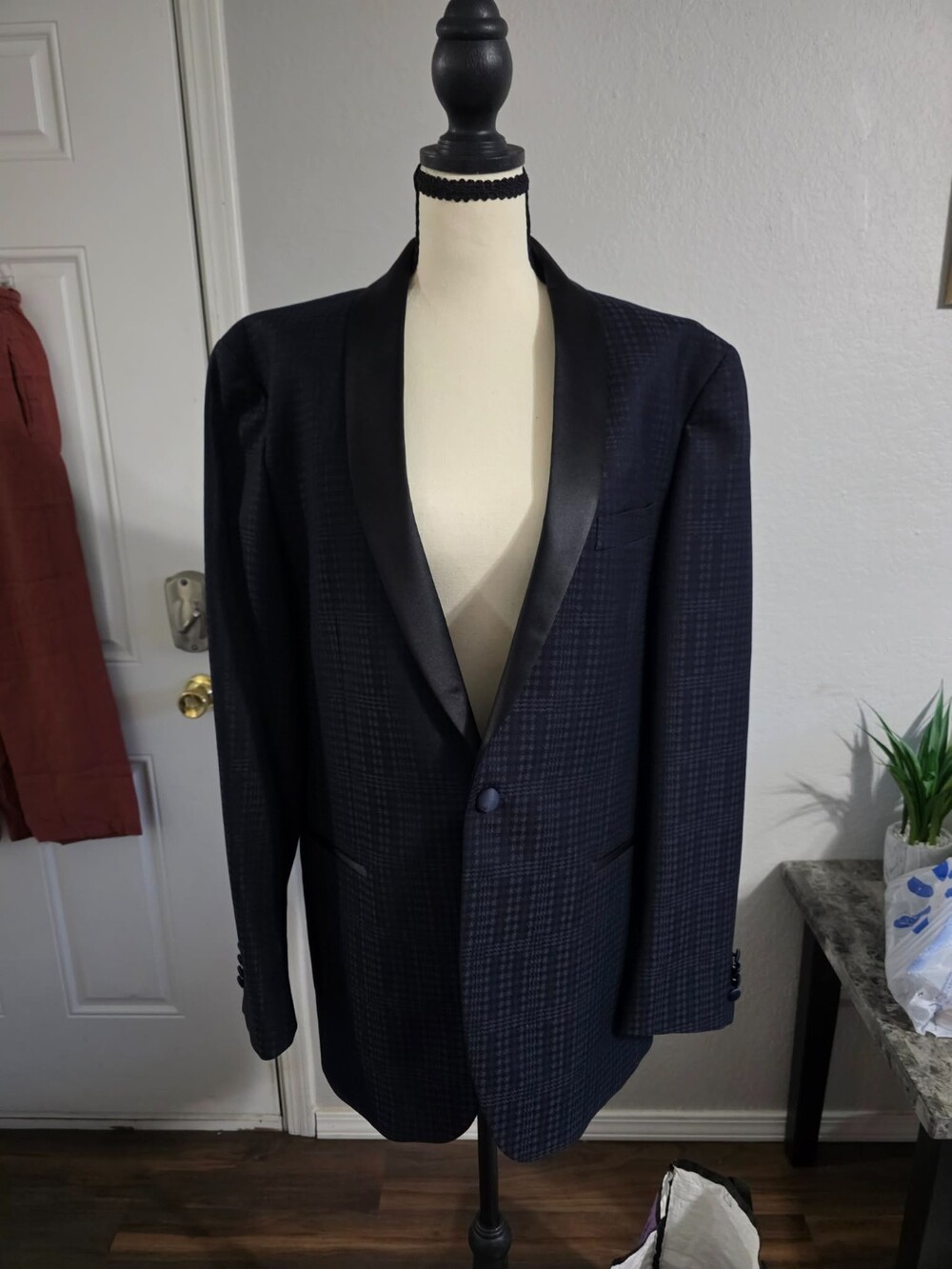 Kenneth Cole Reaction Dinner Jacket 42L Navy Check Satin Shawl Lapel Tuxedo Mint